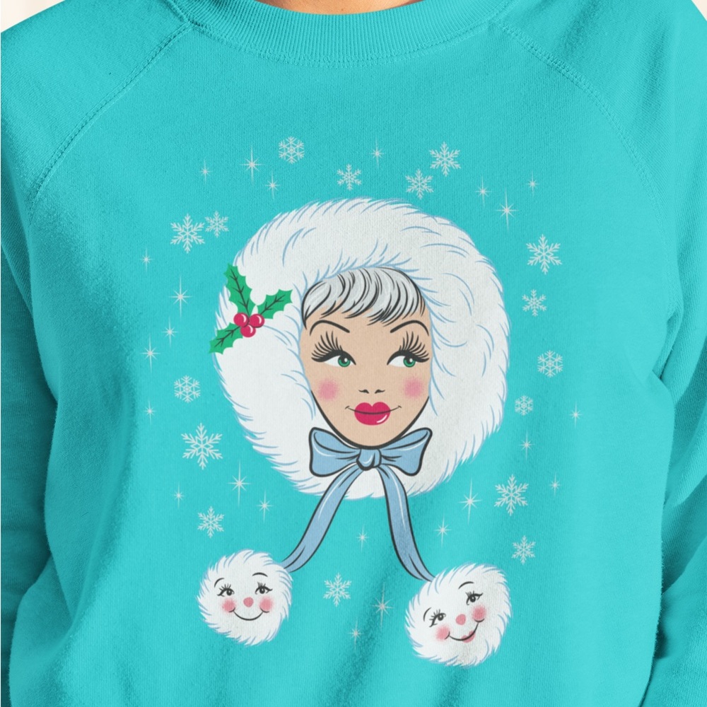PEPPERMINT DOLL HOLIDAY KITSCHMAS ARCTIC TURQUOISE BLUE SWEATSHIRT CREWNECK XL